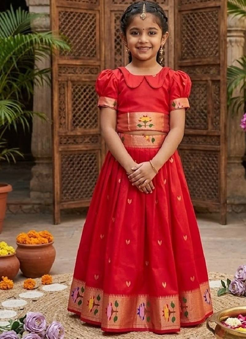 Soft silk paithani design zari weaving pavadai for kids