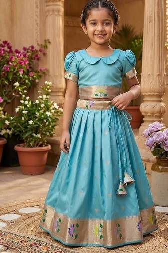 Soft silk paithani design zari weaving pavadai for kids