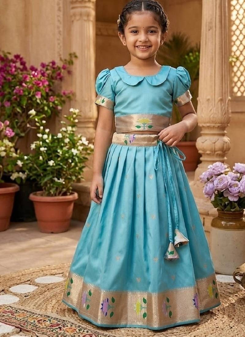 Soft silk paithani design zari weaving pavadai for kids