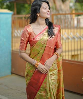 Parrot green floral zari woven silk blend saree with blouse 2