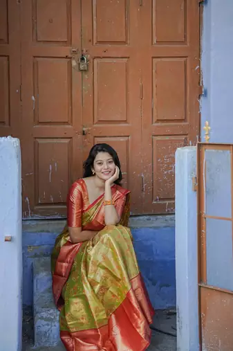 Parrot green floral, zari woven kanjivaram  semi silk saree with blouse