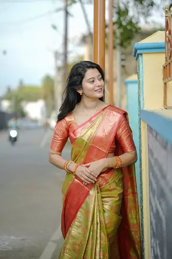 Parrot green floral, zari woven kanjivaram  semi silk saree with blouse