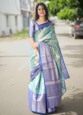 sky blue floral, zari woven faux kanjivaram  semi silk saree with blouse 1