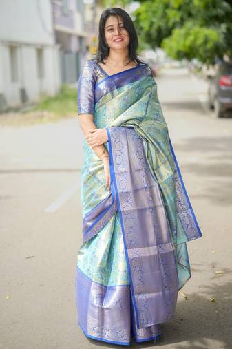 sky blue floral, zari woven faux kanjivaram  semi silk saree with blouse