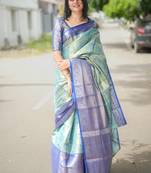 sky blue floral, zari woven faux kanjivaram  semi silk saree with blouse