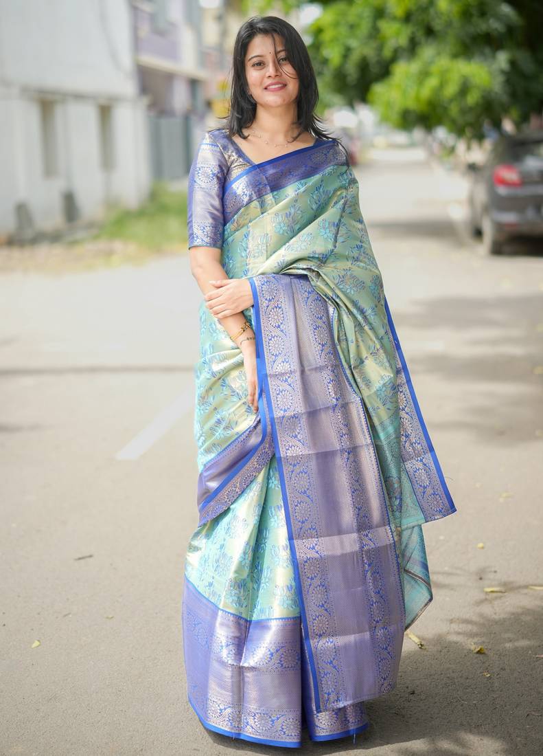 sky blue floral, zari woven faux kanjivaram  semi silk saree with blouse