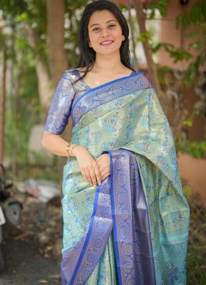 sky blue floral, zari woven faux kanjivaram  semi silk saree with blouse 2