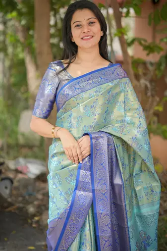 sky blue floral, zari woven faux kanjivaram  semi silk saree with blouse