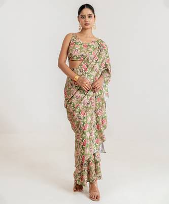 Regal  green printed swiss satin saree set 1
