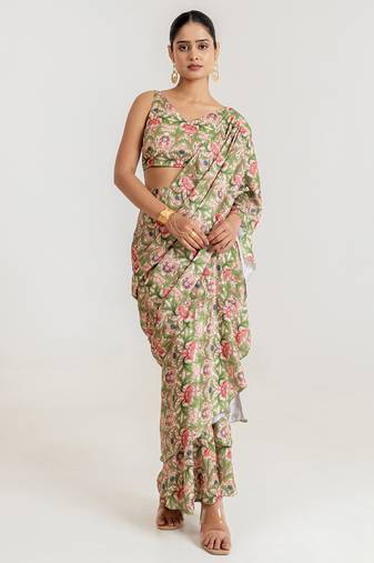 Regal  green printed swiss satin saree set