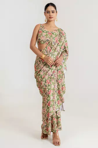 Regal  green printed swiss satin saree set