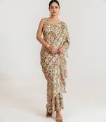 Regal  green printed swiss satin saree set