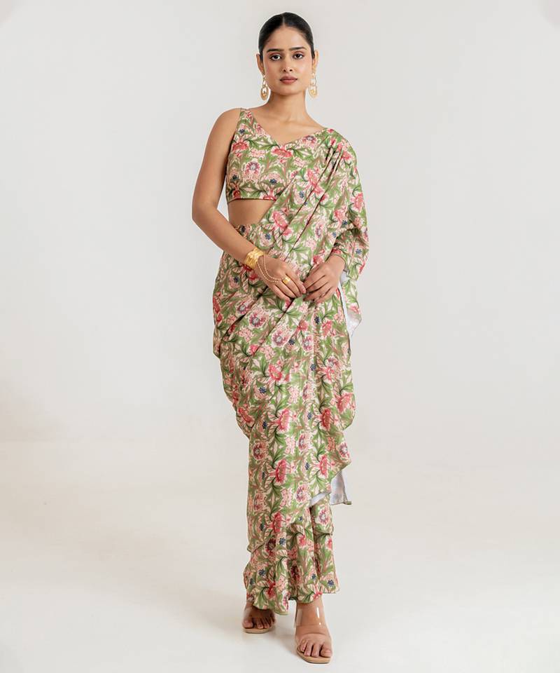 Regal  green printed swiss satin saree set