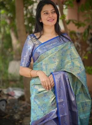 sky blue floral, zari woven faux kanjivaram  semi silk saree with blouse 3
