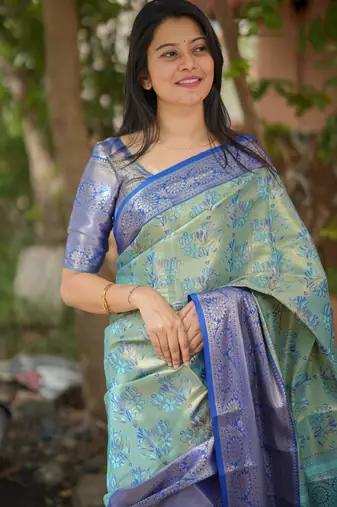 sky blue floral, zari woven faux kanjivaram  semi silk saree with blouse