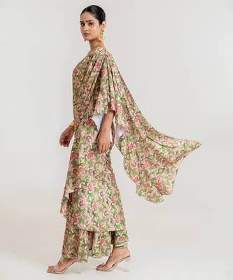 Regal  green printed swiss satin saree set 2