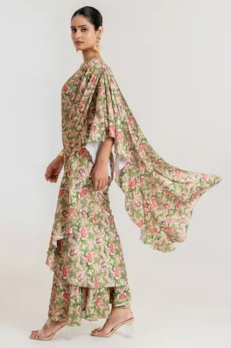 Regal  green printed swiss satin saree set