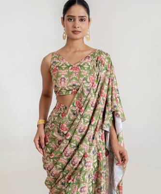 Regal  green printed swiss satin saree set 3
