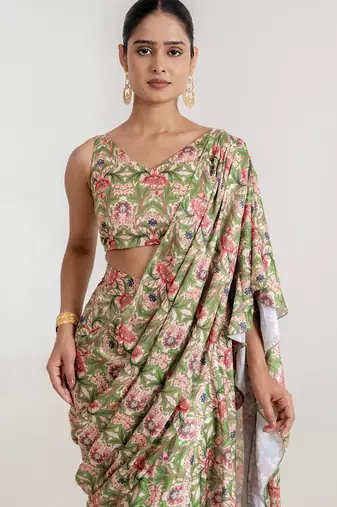 Regal  green printed swiss satin saree set