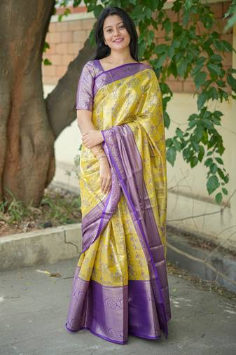yellow floral, zari woven faux kanjivaram  semi silk saree with blouse