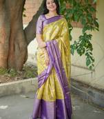 yellow floral, zari woven faux kanjivaram  semi silk saree with blouse