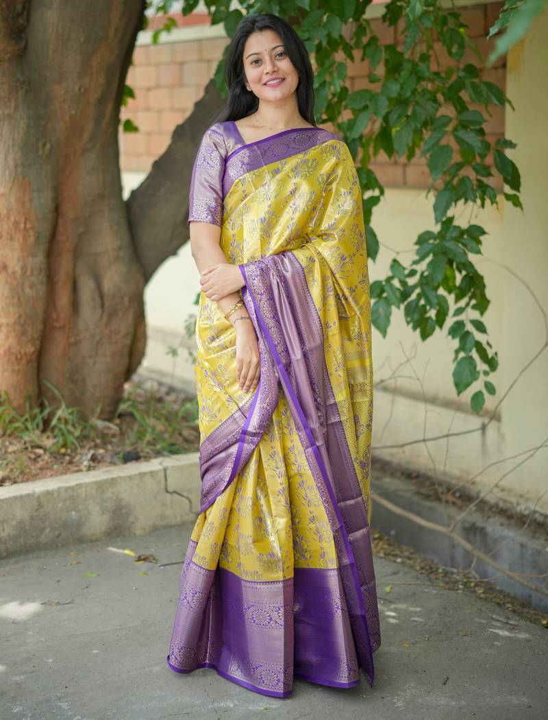 yellow floral, zari woven faux kanjivaram  semi silk saree with blouse