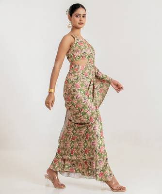 Regal  green printed swiss satin saree set 4