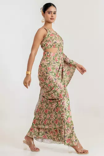 Regal  green printed swiss satin saree set