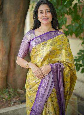 yellow floral, zari woven faux kanjivaram  semi silk saree with blouse 2