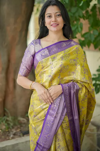 yellow floral, zari woven faux kanjivaram  semi silk saree with blouse