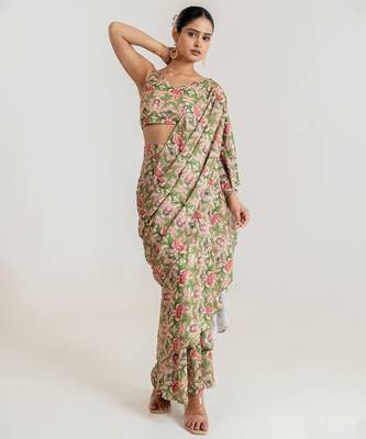 Regal  green printed swiss satin saree set 5
