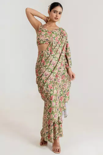 Regal  green printed swiss satin saree set