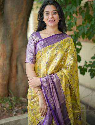 yellow floral, zari woven faux kanjivaram  semi silk saree with blouse 3