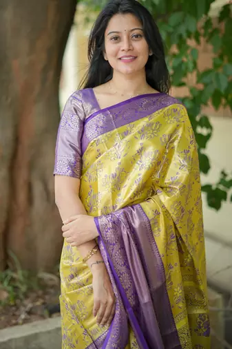 yellow floral, zari woven faux kanjivaram  semi silk saree with blouse