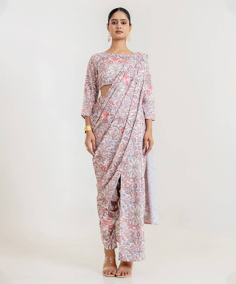 White Garden Blouse Saree & Dhoti Pants