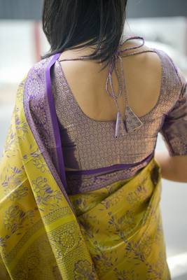 yellow floral, zari woven faux kanjivaram  semi silk saree with blouse 4