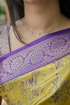 yellow floral, zari woven faux kanjivaram  semi silk saree with blouse 5