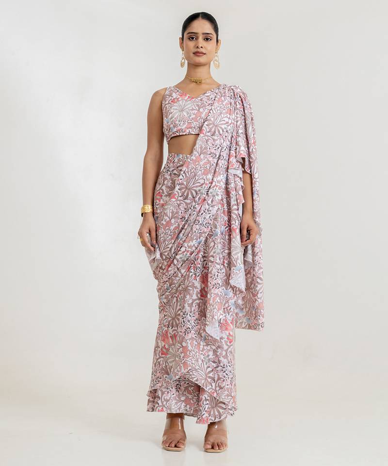 White Garden Tiered Saree Set