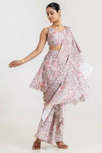 White Garden Tiered Saree Set