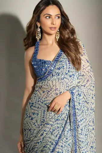 Ivory Color Printed  Mirror Work Georgette Saree