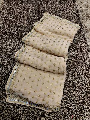 Off White Color Embroidered And Diamond And mirror Work Georgette Saree 1