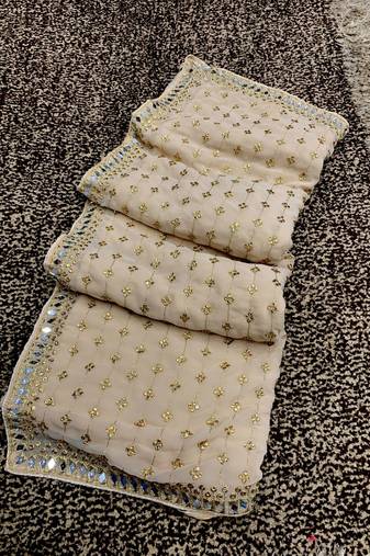 Off White Color Embroidered And Diamond And mirror Work Georgette Saree