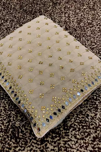 Off White Color Embroidered And Diamond And mirror Work Georgette Saree