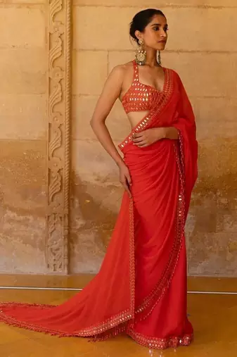 Red Color Embroidered And Mirror Work Georgette Saree