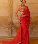 Red Color Embroidered And Mirror Work Georgette Saree