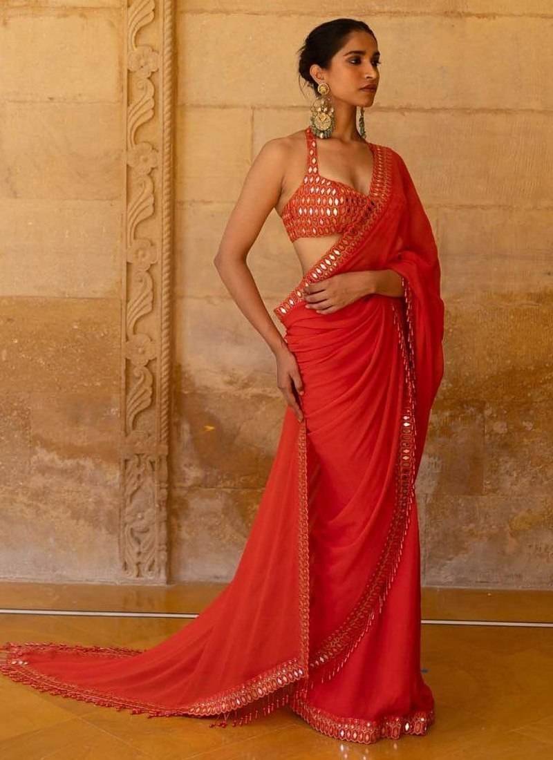 Red Color Embroidered And Mirror Work Georgette Saree