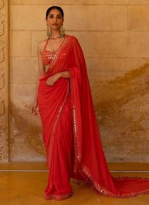 Red Color Embroidered And Mirror Work Georgette Saree 2