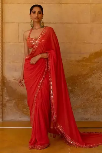 Red Color Embroidered And Mirror Work Georgette Saree