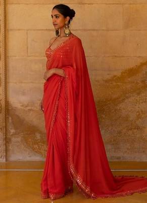 Red Color Embroidered And Mirror Work Georgette Saree 3