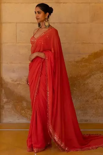 Red Color Embroidered And Mirror Work Georgette Saree